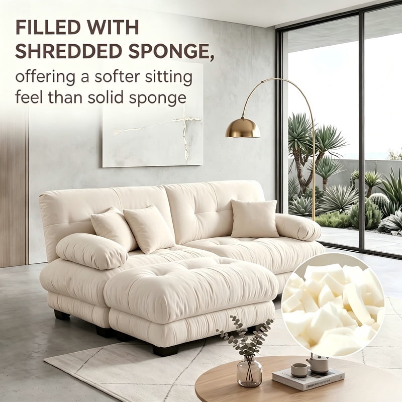 ANPPORT Cloud Couch Sleeper Sofa, Chenille Light Coffee 2-Seater Modular Sofa with 1 Ottomans, 2 Lumbar pillows,2 Pillows, Comfy Deep Seat Cloud Sofa, Convertible L-Shaped Floor Couch for Living Room