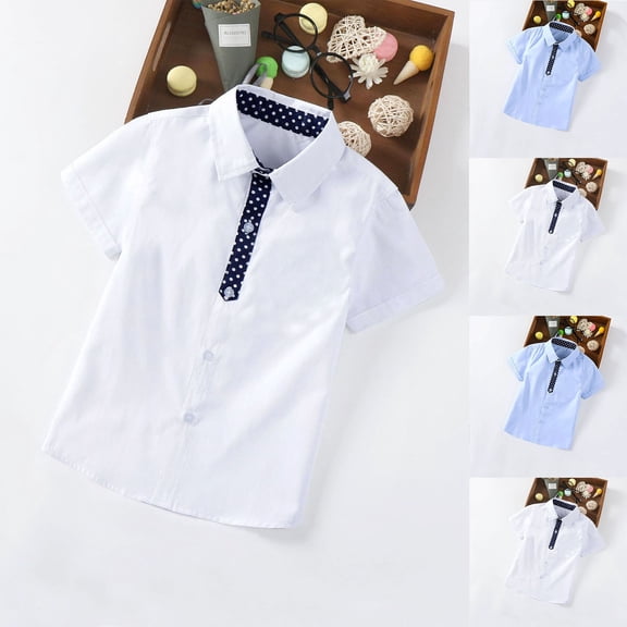 Mgmyaa Boys Short Sleeve Turn Down Collar Dot Print Shirt Soft Cotton Casual Top for Kids Ages 3-8