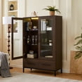 thumbnail image 5 of 60'' Tall Display Cabinet with Tempered Glass Door, LED Lighting, Two Drawers, Modern Style Storage Cabinet  for Living Room, Office & Study, Walnut, 5 of 10