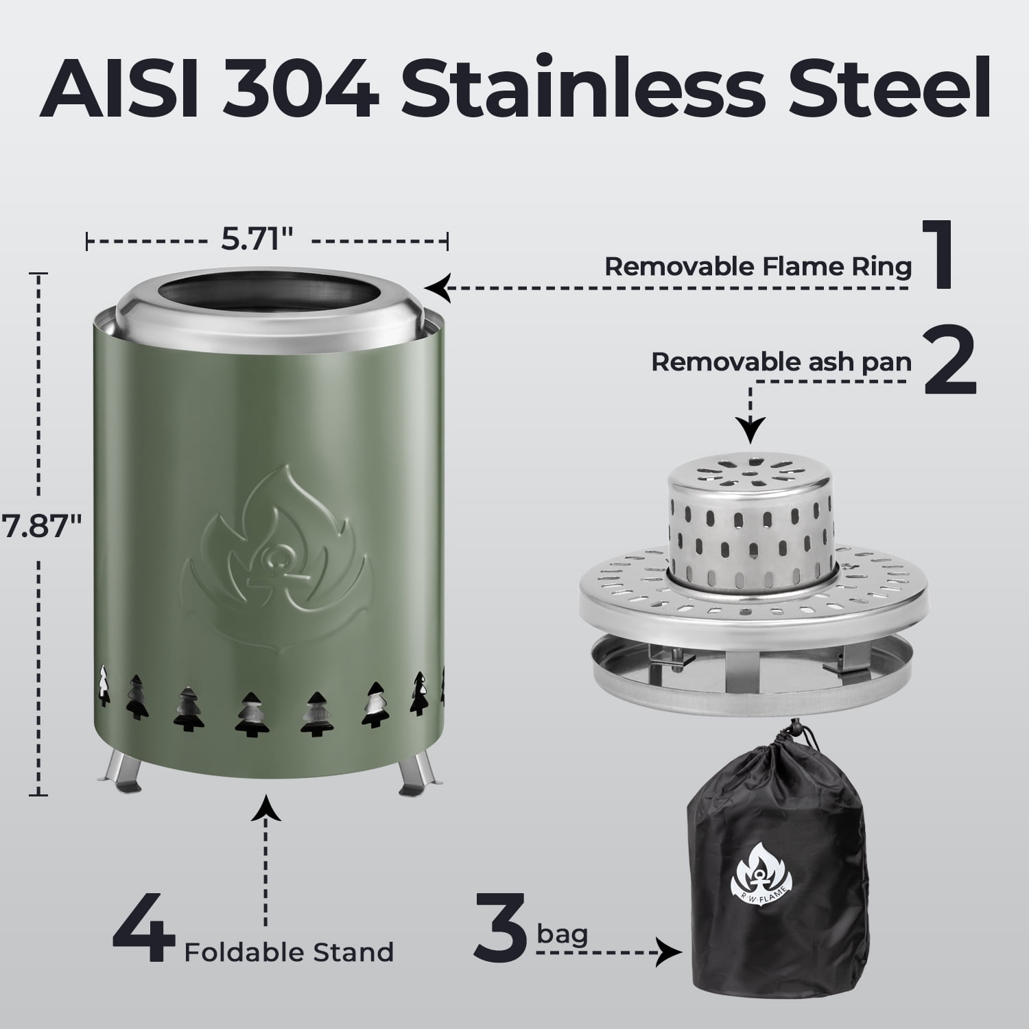 WAA Tabletop Fire Pit Smokeless Outdoor Mini Fire Compact & Portable Dual Fuel with Portable Bag,304 Stainless Steel,Green