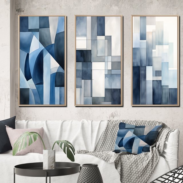Designart "Retro Navy Blue Cubist Dreams II" Modern Geometric Framed Wall Art Set Of 3 - Blue Abstract Frame Canvas Set For Living Room Decor