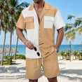 thumbnail image 4 of Kakii Men's 2 Piece Casual Beach Outfit Set - Color - Block Short Sleeve Buttoned Collar Shirt with 2 Pockets & Elastic Waist Breathable Shorts, Lightweight Summer Vacation Wear, 4 of 6