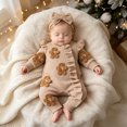 thumbnail image 2 of YDFCWXW Baby Girl Rompers Christmas Ruffle Waffle Knit Zipper One Piece Outfit Newborn Long Sleeve Jumpsuit with Headband (Khaki, Newborn), 2 of 9