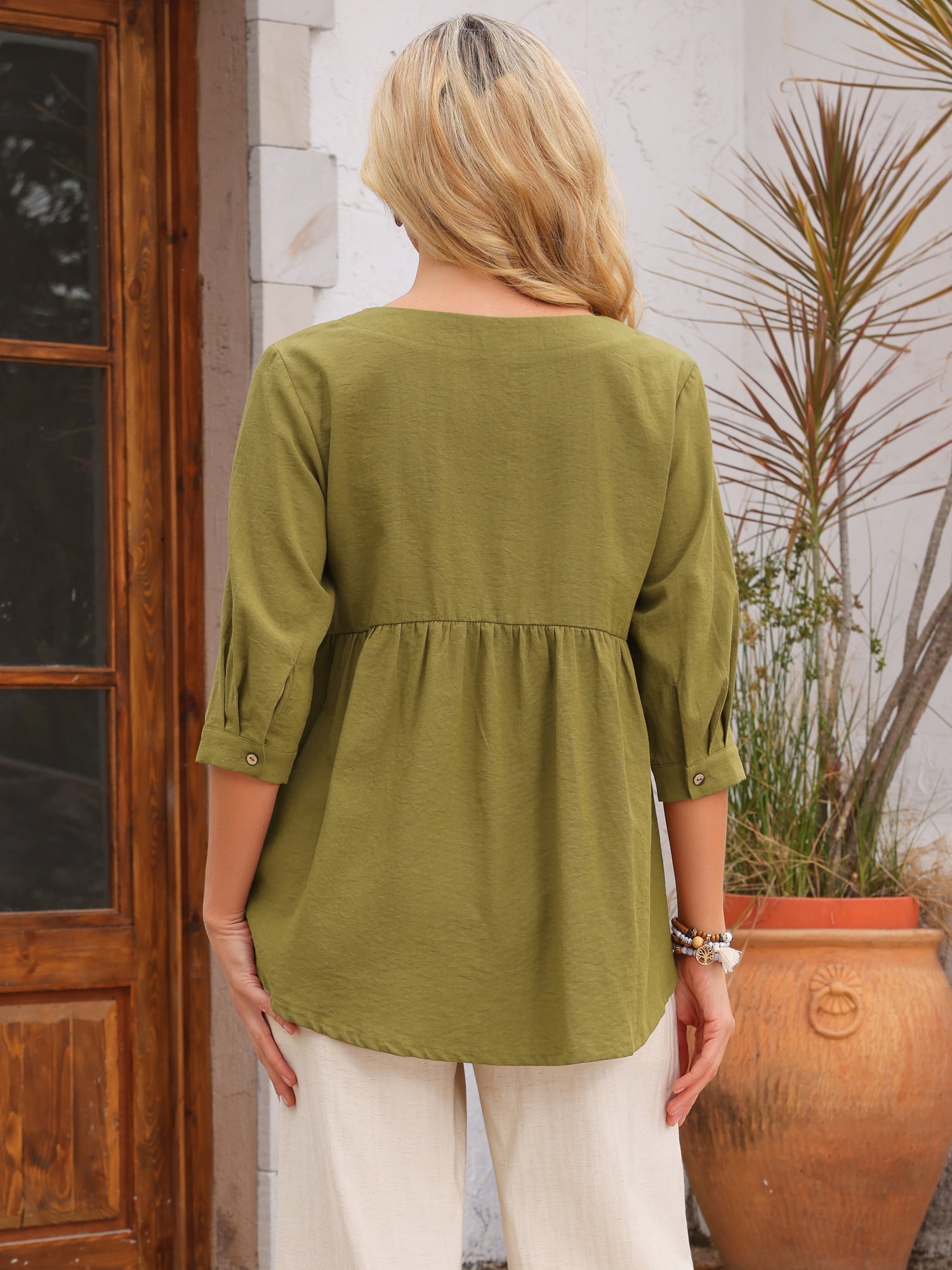 DARING DIVA Women's High Low Tops with 3/4 Sleeve Crewneck Tunic Blouse XL Olive Green