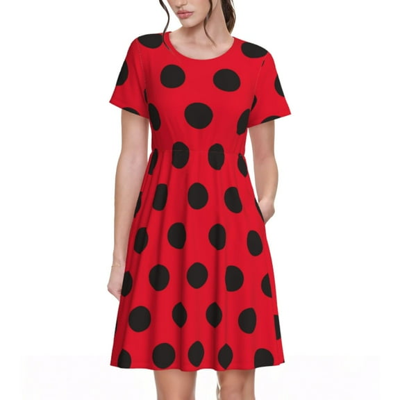 Spring Summer Dresses for Women 2025 - Ladybug Black Dotted Spots Red Wedding Guest Dresses, Beach Vacation Clothes, Hawaiian Sundresses Casual Short Sleeve Dress for Women with Pockets