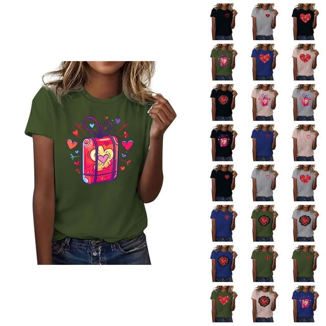 T-shirts pour Femmes de la Saint-Valentin 2026 Mode Manches Courtes Col Rond avec Cœur Graphique