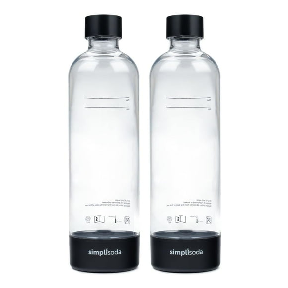 Botellas de agua con gas reutilizables Simpli Soda, 1 L, paquete de 2, compatibles con BLU, Philips y Aarke, color negro (no aptas para lavavajillas)