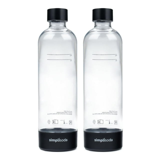 Botellas de agua con gas reutilizables Simpli Soda, 1 L, paquete de 2, compatibles con BLU, Philips y Aarke, color negro (no aptas para lavavajillas)