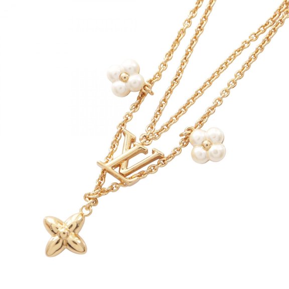 Pre-Owned Louis Vuitton LV Floragram Necklace Jewelry GP (Gold Plated) Faux Pearl Women's...