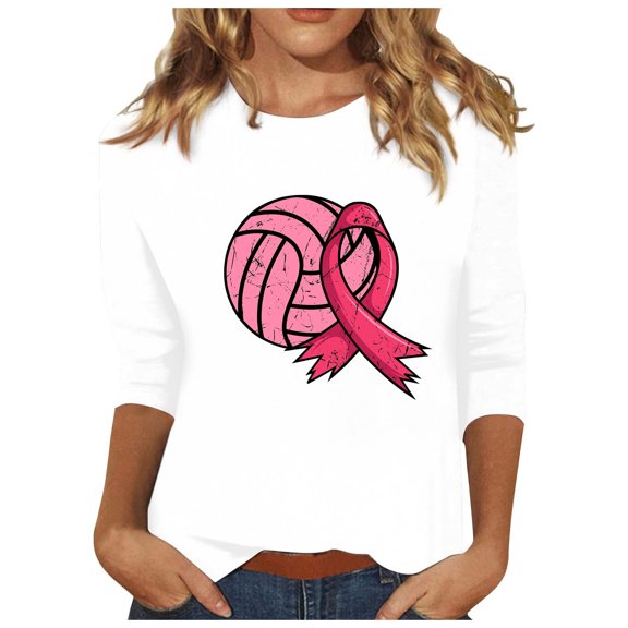 Honeeladyy Breast Cancer Shirts for Women Breast Cancer Awareness Round Neck 7/4 Sleeve Shirt Pink Ribbon Tee Tops #Kh-White-XXL