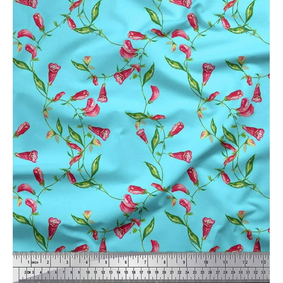 Soimoi Blue Cotton Duck Fabric Leaves & Foxglove Floral Printed Fabric 1 Yard 42 Inch Wide