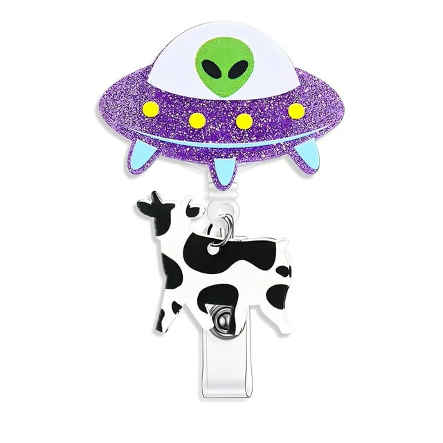 Fiudx Carrete de Insignias de Abducción de Vacas con Diseño de Ovni, Diseño de Nave Espacial Extraterrestre, Detalles Brillantes, Accesorio de Trabajo Único, Regalo Divertido para Enfermeras y Colega