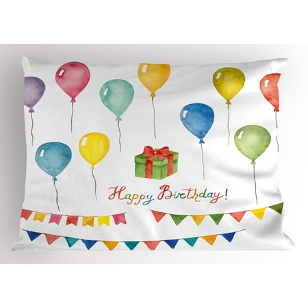 Birthday Pillow Sham Watercolor Set for Celebration Flags Surprise Box Balloons and Happy Best Wishes, Decorative Standard King Size Printed Pillowcase, 36 X 20 Inches, Multicolor, by (Best Bedding Plants For Containers)