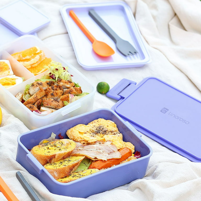 Linoroso All-in-One Bento Box Adult Lunch Box, 2 Stackable Leakproof Bento Lunch Box for Adults, Built-in Sauce Cups, Fork and Spoon - Veri Peri, Size