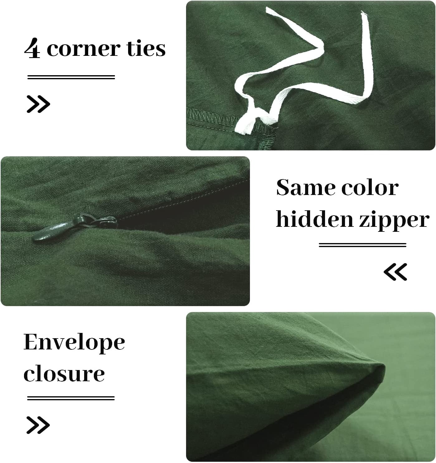 NEXHOME PRO Duvet Cover Set 100% Washed Cotton 3 Pieces Linen Breathable Soft Durable Duvet Cover Bedding Set with Zipper Closure, Full Size Forest Green (Comforter Not Included)