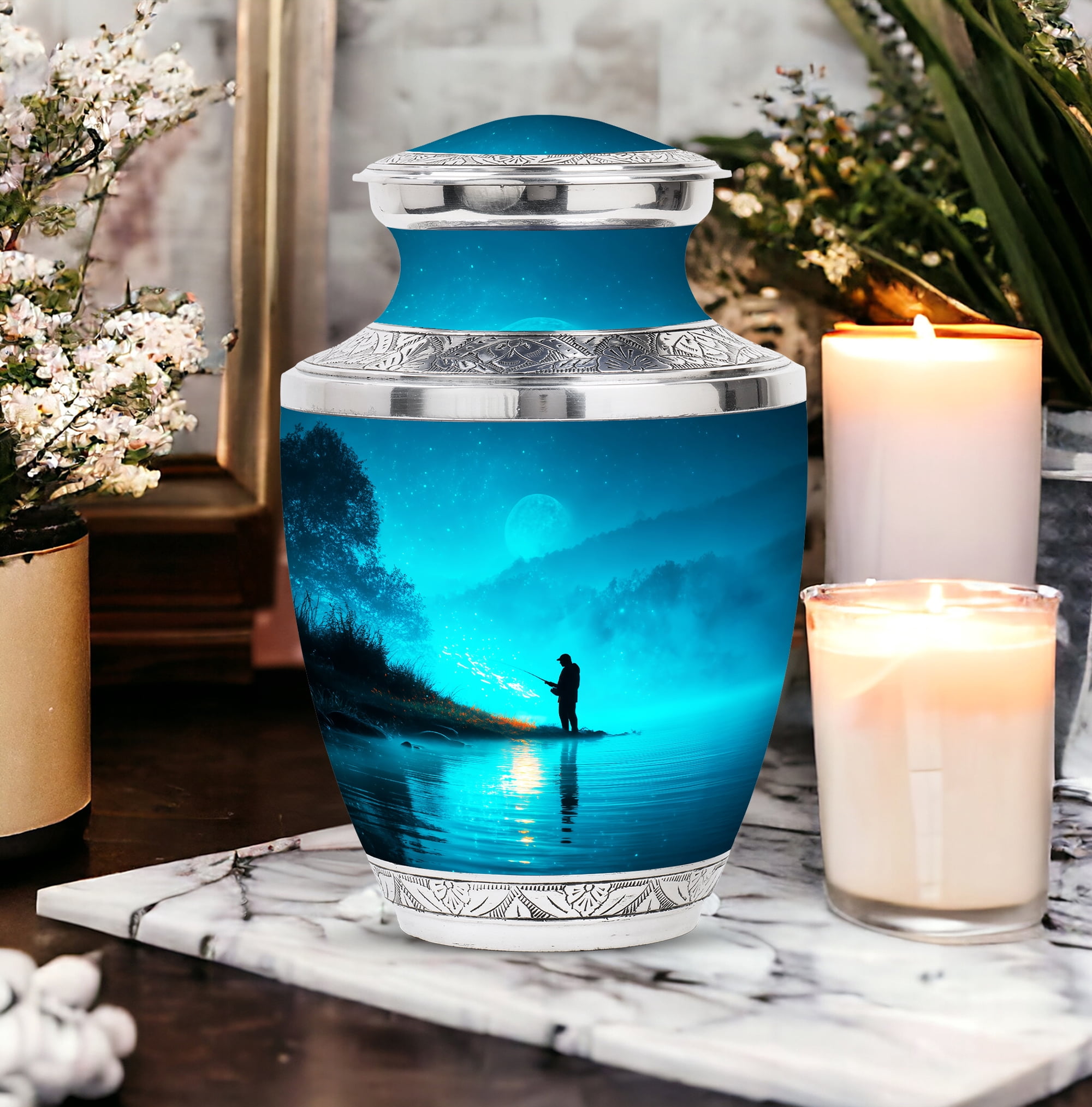 MUKTIVE Fishing Silhouette Large Cremation Urns for Human Ashes - Blue, Evening Burial Urn for Adult Human Ashes - Decorative Cremation Containers - Remembrance Gift for Loss of Mom (10 Inch)