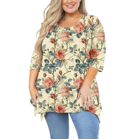 LADIGASU Ladies' able Casual Plus Size Hem Irregular Quarter Sleeve Round Neck Round Neck Top/shirt