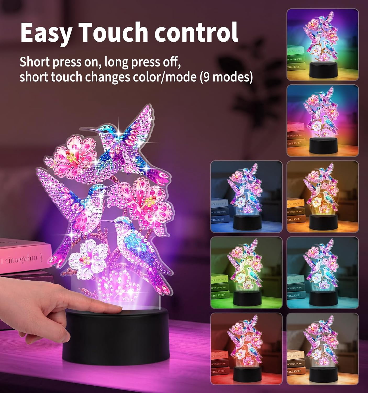 General Diamond Painting Night Light, Diamond Painting Kits for Adults Desktop Ornaments for Table Tabletop Decor Diamond Art Accessories for Adult Beginner Touch Lamp for Bedrooms Living Room-Birds