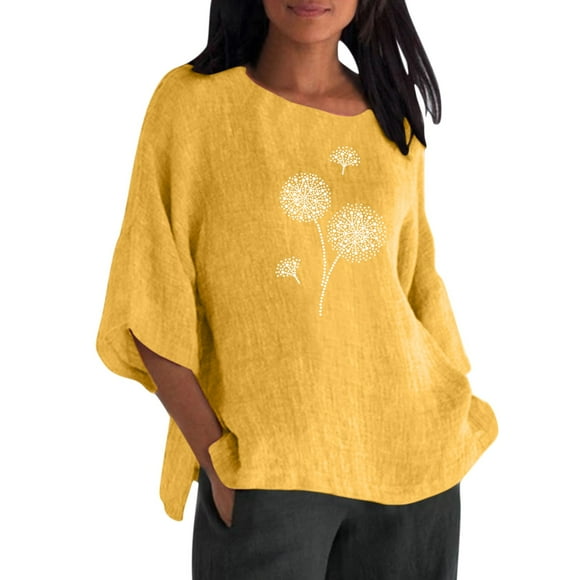 Outfmvch t shirts for women Summer 3 Of 4 Sleeve Crew Neck Floral Printed Loose T Shirts Casual Linen Tunic Tee womens tops Yellow