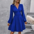 thumbnail image 5 of WTOBBY Women's Fashionable Solid Color V-Neck Long Sleeve Pleated Versatile Dress Lantern Sleeve Detail for Unique Style Flowy Pleats for Movement Wardrobe Essential,Royal Blue XL, 5 of 8
