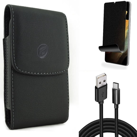 Case Belt Clip & 10ft USB Cable & Privacy Screen Protector for Samsung Galaxy S21 Ultra Phone - Leather Holster & Type-C Charger Cord & TPU Film Fingerprint Works Accessory Bundle