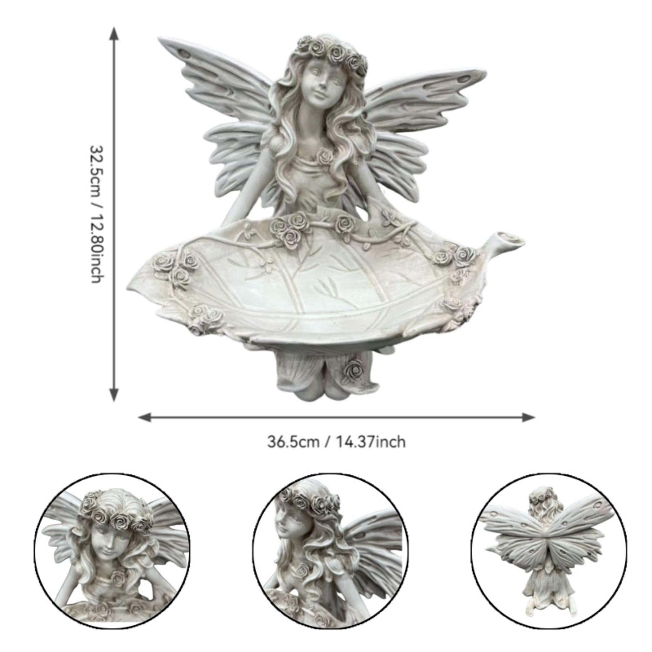 GDF Studio Fairy Angel Garden Statue with Leaf Tray, Vintage Off-White Resin Sculpture Figurine, Outdoor Yard Lawn Decor