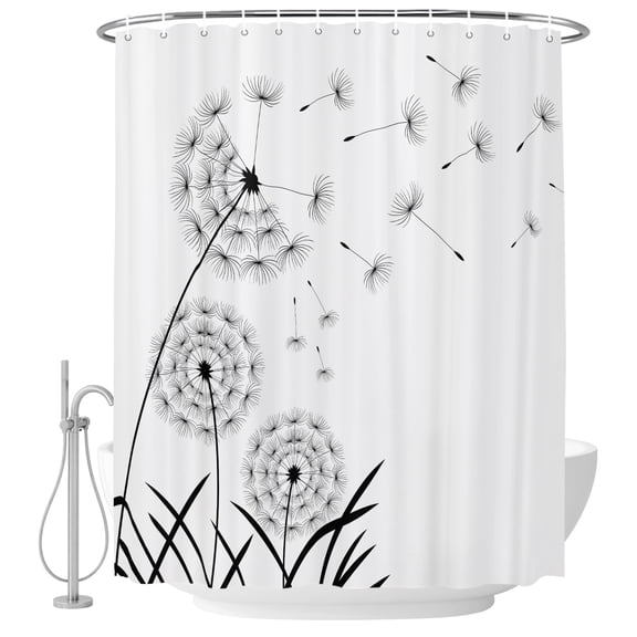 Dandelion Fabric Shower Curtain Flower Black White Washable Shower Curtains for Bathroom, Waterproof Bath Curtain with Hooks Home Decor 72x84in