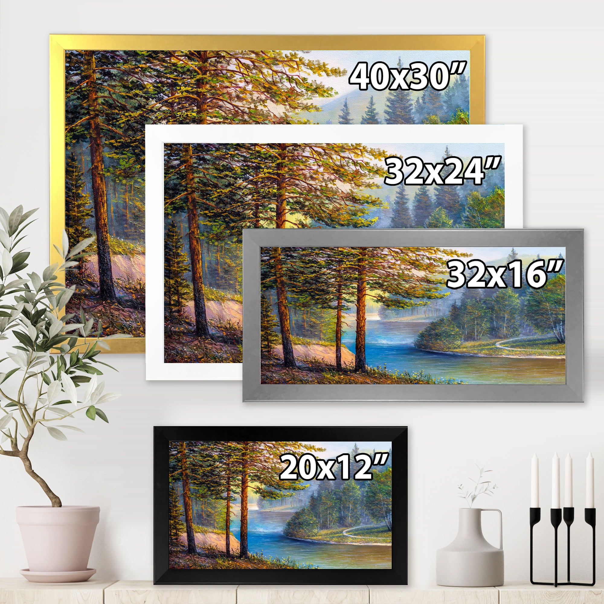 Designart 'Sunrise Glow Through The Pine & Fir Forest' Lake House Framed Art Print