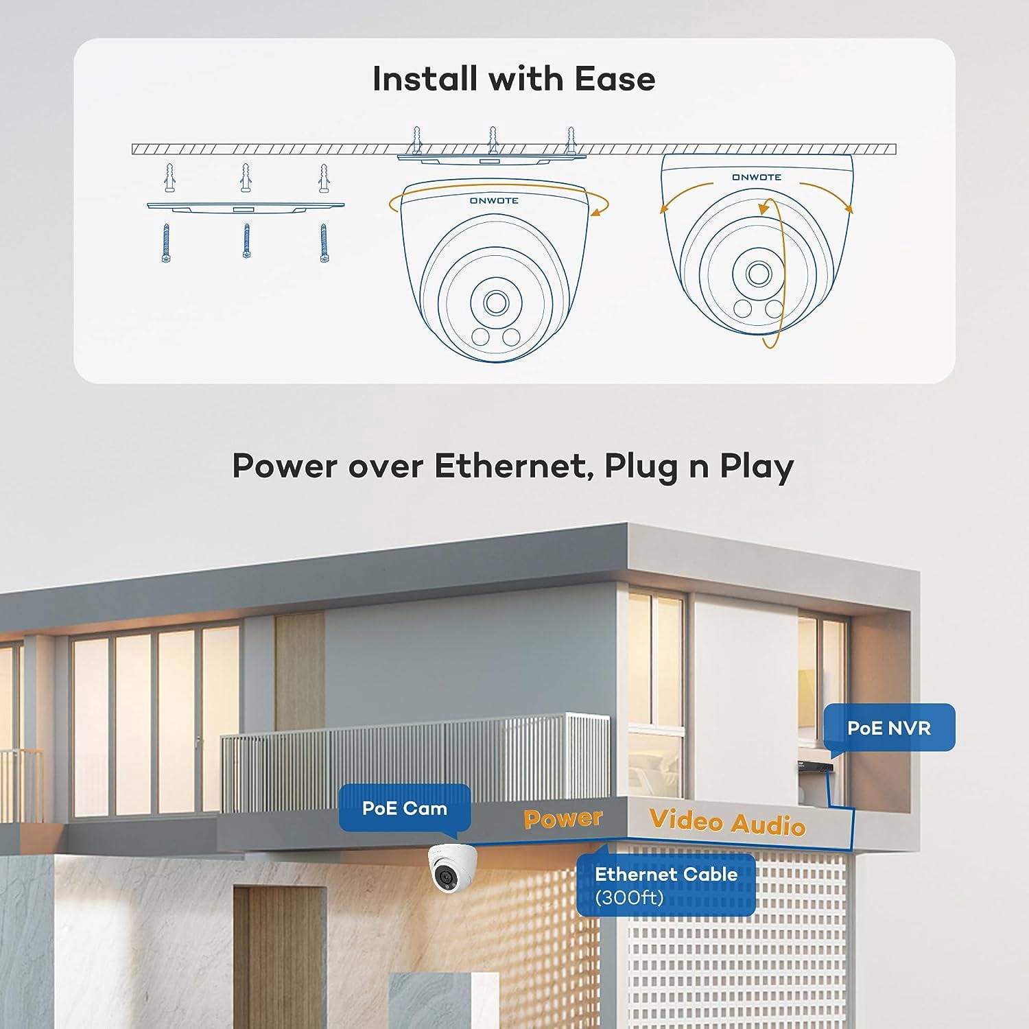 ONWOTE 16 Channel Wired Security Camera System PoE, Smart AI Color Night Vision,  16CH Commercial 4K NVR 4TB, 12x 6MP 122° Outdoor Audio IP Cameras with Audio, 100ft 60ft Cables, CCTV for Businesses