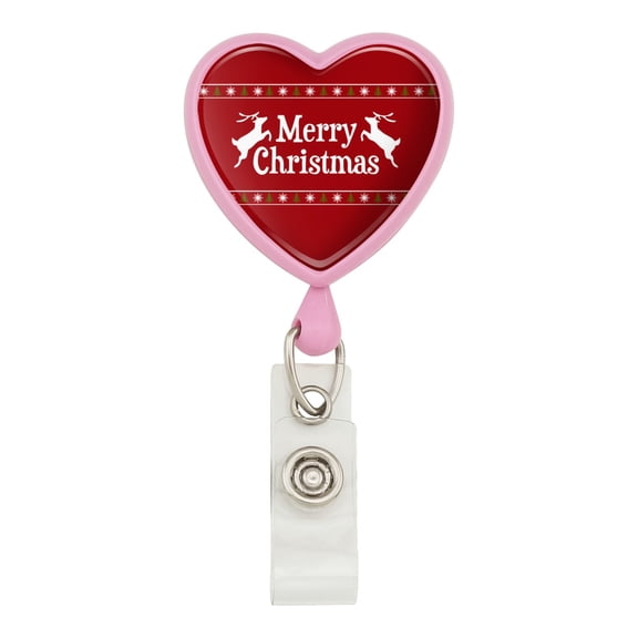 Merry Christmas Holiday Reindeer Heart Lanyard Retractable Reel Badge ID Card Holder - Pink