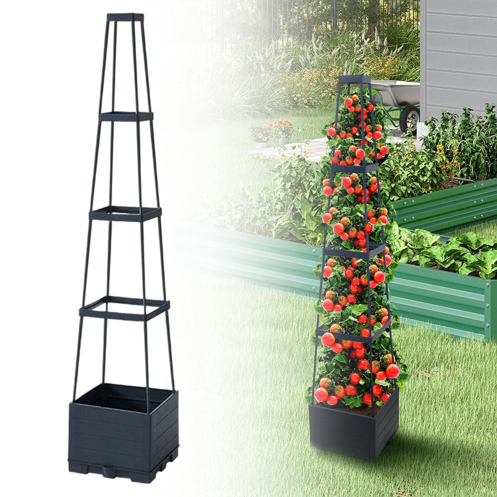 Raised Garden Bed Planter Box with Trellis, Tomato Cages for Climbing Vegetables Plant, Self-Watering Tomato Cage for Garden Patio Outdoor & Indoor, 4 Layer, Style B