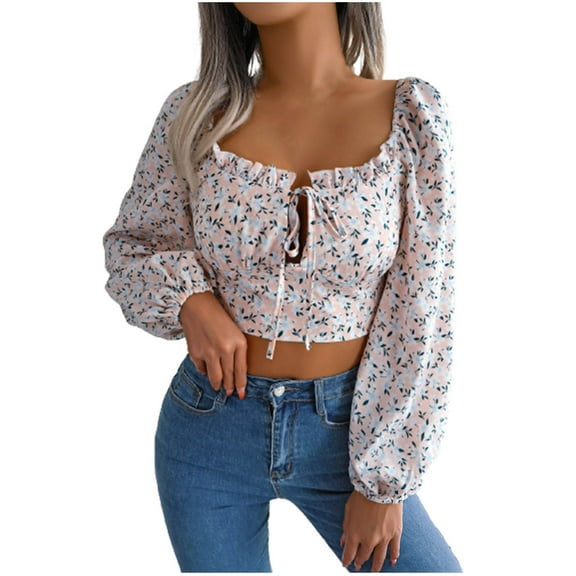 hoksml Trendy Tops for Women,Women's Casual Printing Long-Sleeved Cage Sleeve Lapel Shirt Top