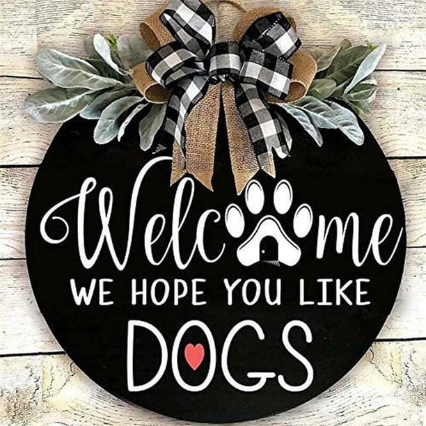 Pets Welcome Sign Wreath Front Door Hanger with Bow Round Outdoor Hanging Vertical Dogs Cats Sign Home DecorationDogChina He Qiyong unisex