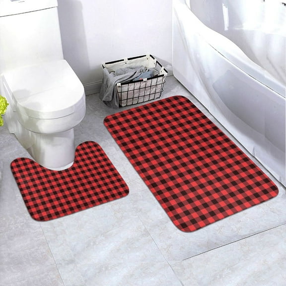 Yiaed Buffalo Plaid Red Black Print Bathroom Mat Set 2 Pieces Mat Anti-Skid Pad Ultra Soft and Absorbent Bathroom Bath Mat Contour Bath Rugs for Toilet Base