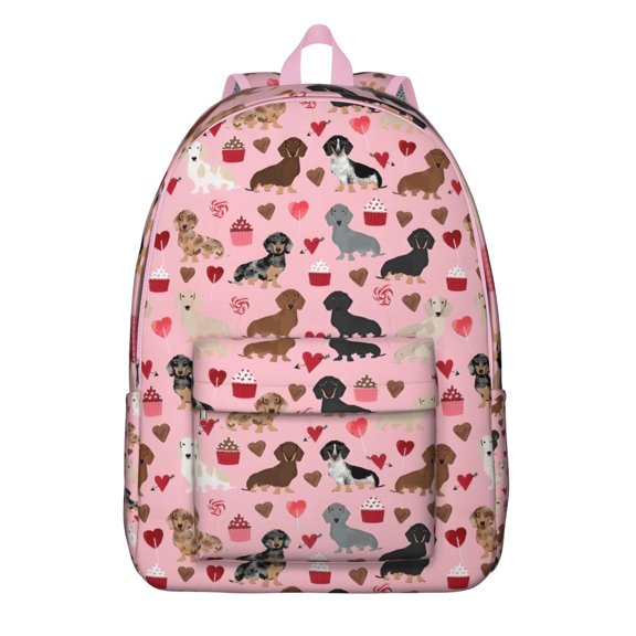 Pink Cute Dachshund Dog and Love Heart Backpack for School,Cute School Bag,Schoolbag with Adjustable Shoulder Straps & Padded Back,15.7"x11.8"x5.5"
