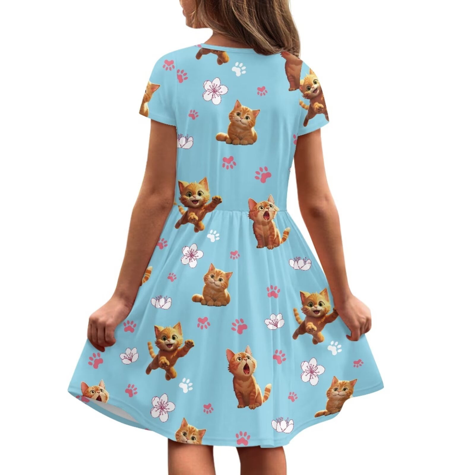 Uourmeti Cats Short Sleeve Swing Dress for Teen Girls Summer Cute Crewneck Knee Length Dresses Lightweight Soft Wedding Party Dress with Pockets