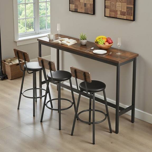 GZXS 4-Piece Industrial Bar Table Set with 3 PU Stools, 63" Long Counter Height Dining Pub Table Set, Space-Saving Design for Kitchen, Living Room & Room Divider (Brown and Black)