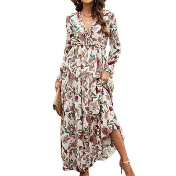 Womens Casual Boho Deep V Neck Long Sleeve Long Dress S