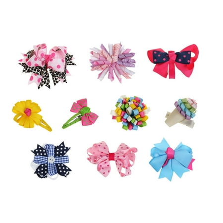 Bundle Monster 10pc Girl Baby Toddler Ribbon Bows Mixed Design Hair Clip Barette