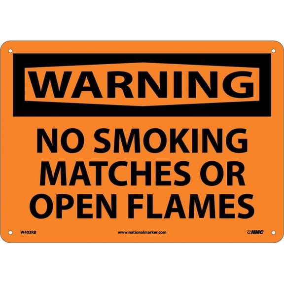 nmc w402rb osha sign, legend "warning - no smoking matches or open flames", 14" length x 10" height, rigid plastic, black on orange
