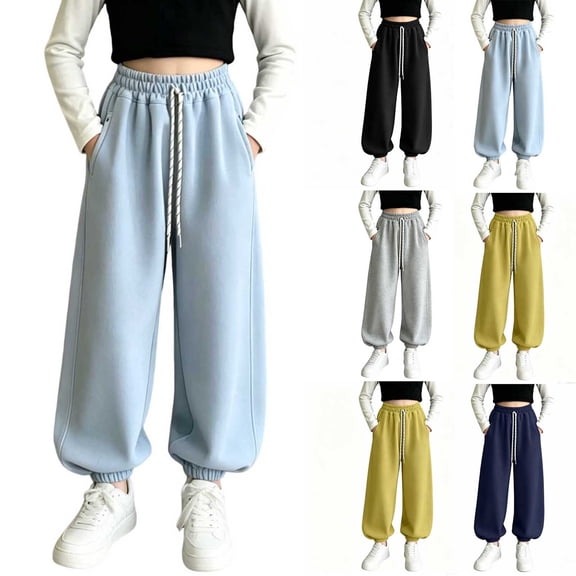LIaqionyy Girls Cotton Joggers Baggy Sweatpants High Waisted Drawstring Fall Fashion Winter Clothes Jogger with Pockets