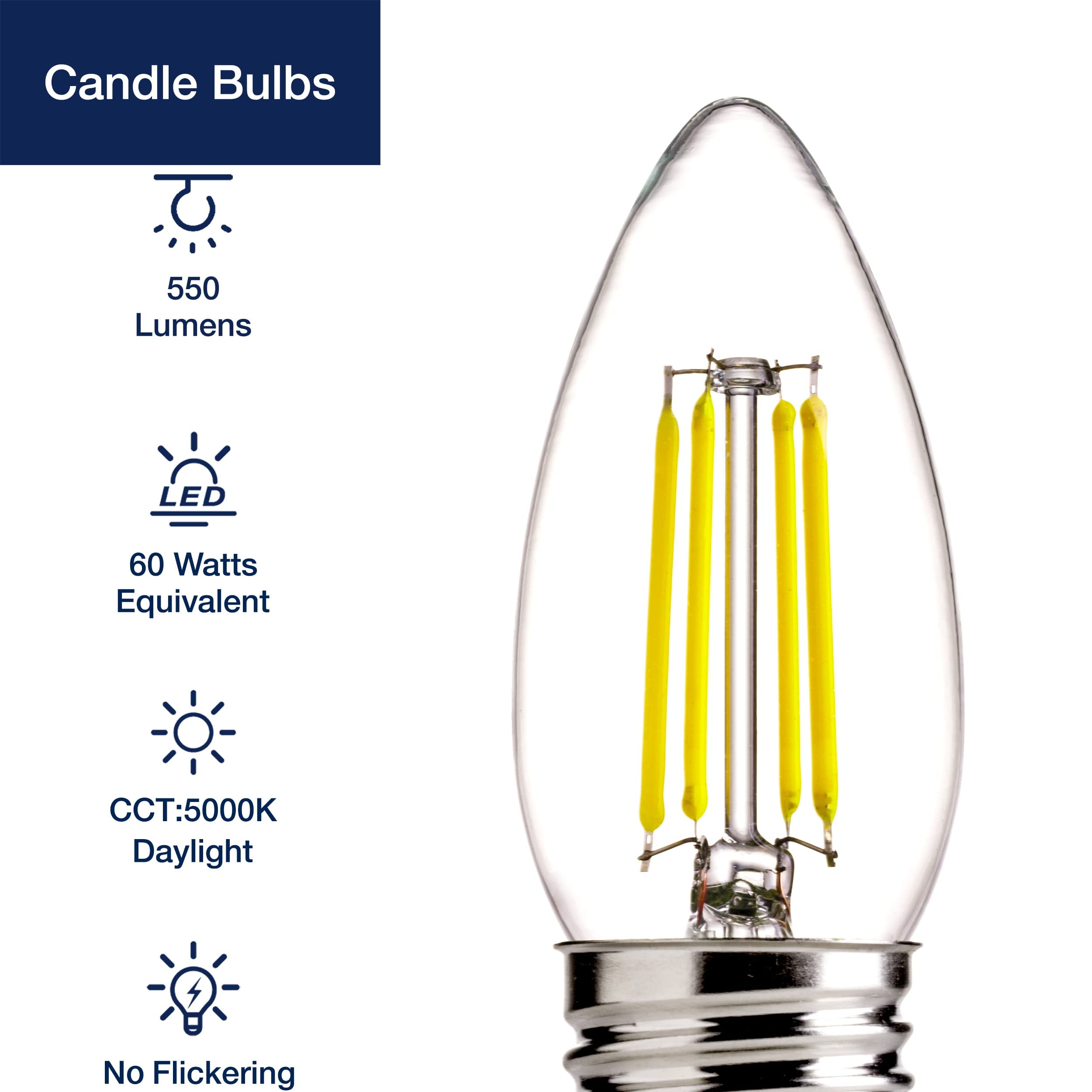 Candelabra LED 12-Pack, Dimmable, 60W Eqv, B11, E26 Lamp Base Chandelier Light Bulbs, FLSNT