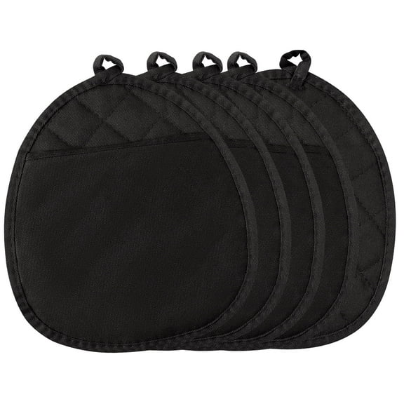 GROBRO7 5Pcs Pot Holder with Pockets Cotton Round Potholder Heat Resistant Hot Pad Machine Washable Oven Mitt Multipurpose Potholders Terry Cloth for Kitchen Baking Cooking Grilling 10 x 8 in Black