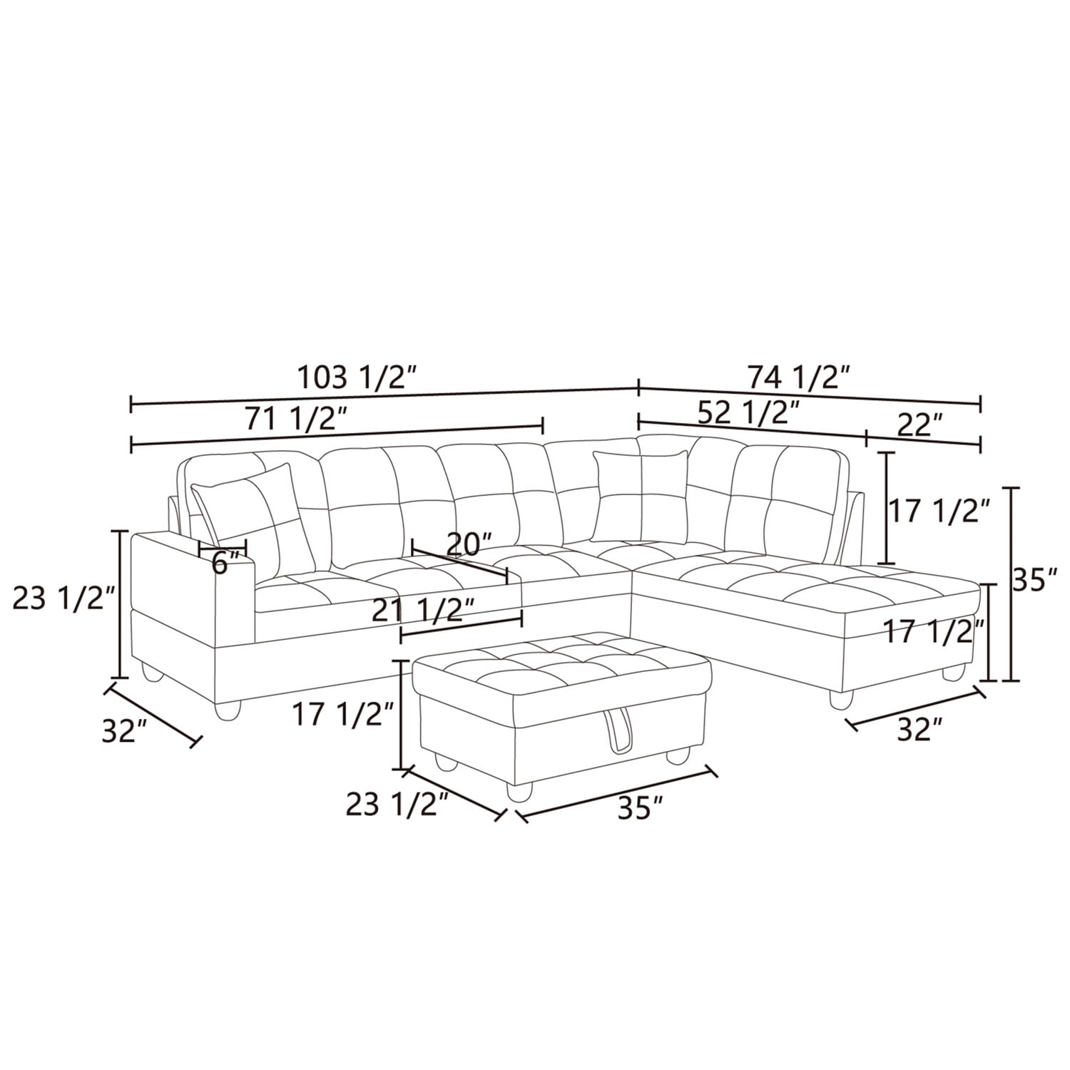 Hommoo Linen Living Room Furniture Set, Modern Couches and Sofa, Sectional Couch Sofa for Living Room, 17.5'' Back Height, Black Grey(No Ottomans)