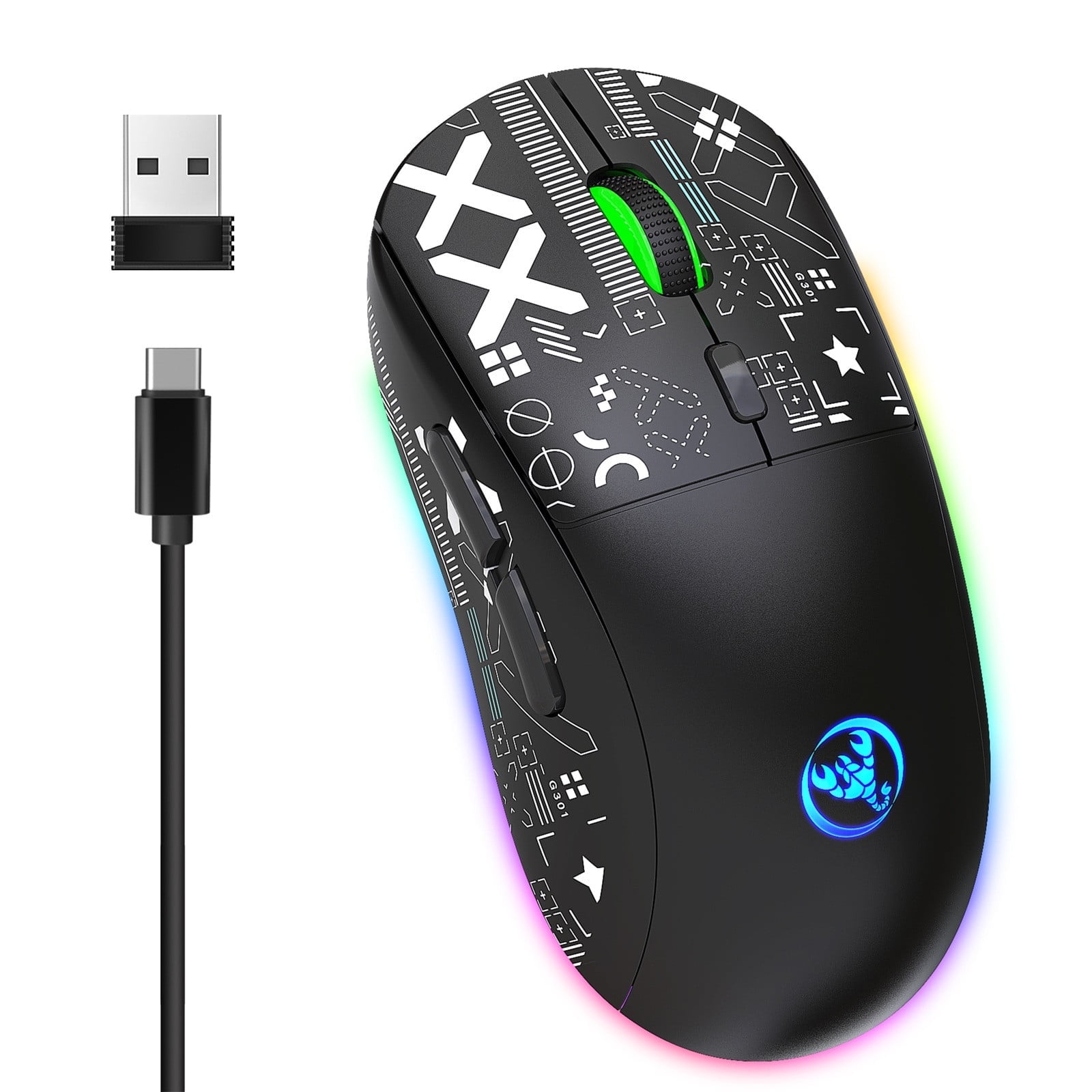 UHUYA Wireless Mouse 2.4GHz Bluetooth Wireless Mouse Gaming Mouse 3 Mode RGB Backlight Wireless Optical USB Gaming Mouse 3600DPI Rechargeable Mute Mice Black
