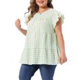thumbnail image 4 of Agnes Orinda Women's Plus Size 1950s Gingham Top Crew Neck Flare Short Sleeves Blouse Summer Babydoll Tops 4X Green, 4 of 6