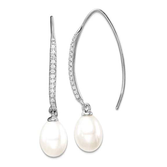 925 Sterling Silver Rhd-plt 7-8mm White Rice Freshwater Cultured Pearl Cubic Zirconia Threader Earrings 36mm long Stud E