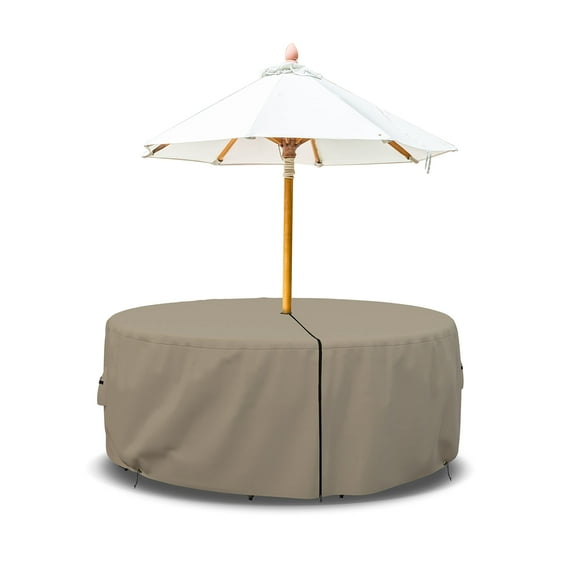 Covers & All Patio Round Table and Chair set cover with Umbrella Hole - Heavyduty 12 Oz Waterproof Outdoor Backyard furniture cover with Air pocket & Drawstring for Snug fit. (109"Dia x 24"H, Beige)