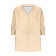 thumbnail image 6 of Sokhug Womens Striped Button Down Shirts V Neck 3/4 Sleeve Blouses Casual Loose Fit Tunic Tops with Curved Hem, 6 of 7