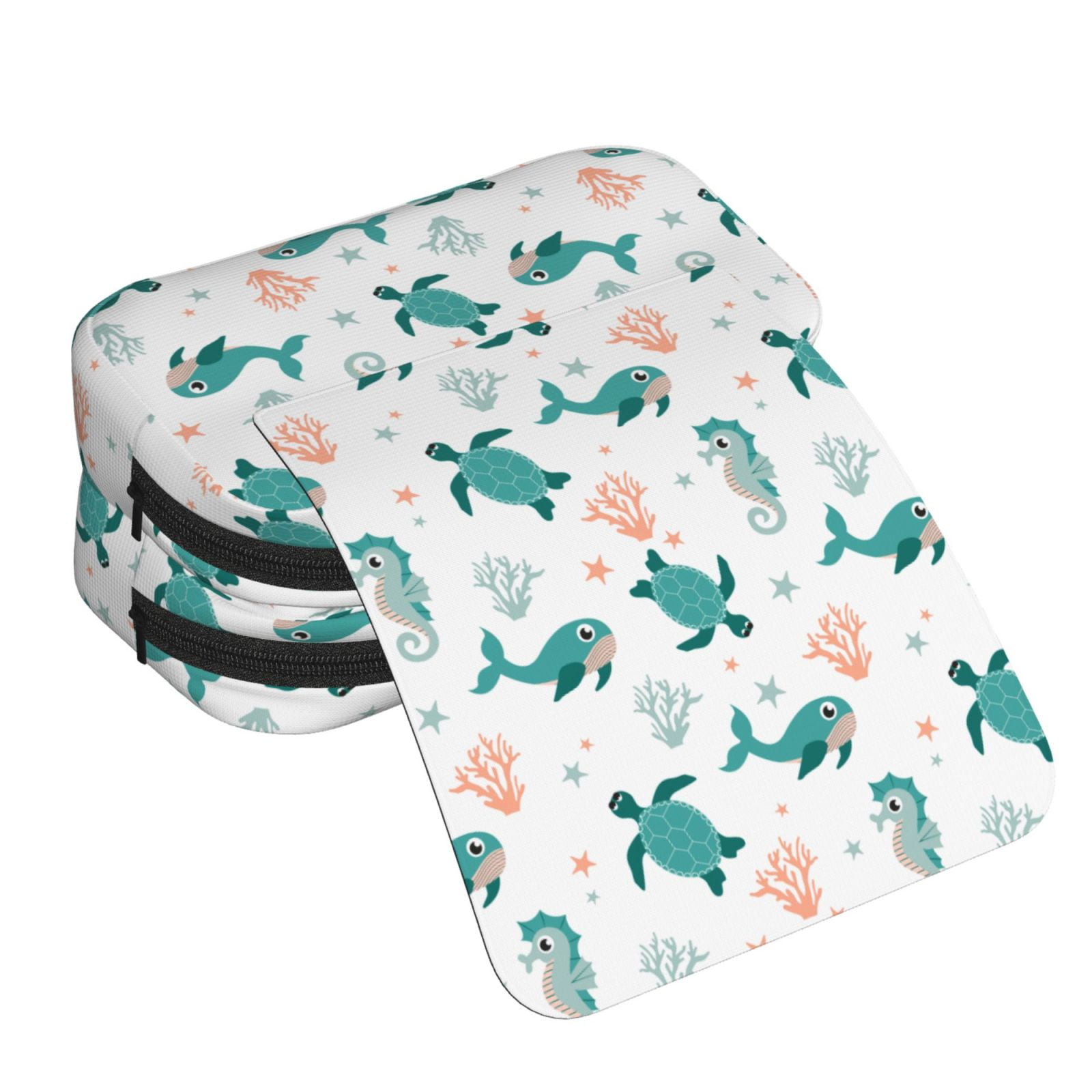 Rateoe Turtles And Seahorses Pattern Double Clamshell Pen Case, Storage Organizer with Two Zipper Compartments– Holds Up to 50 Pencils & Pens